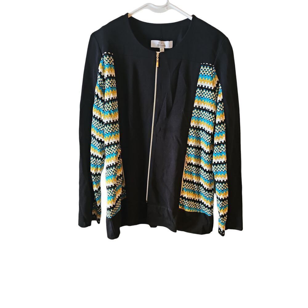 Misook cardigan blazer sz medium black yellow turquoise white zip up jacket